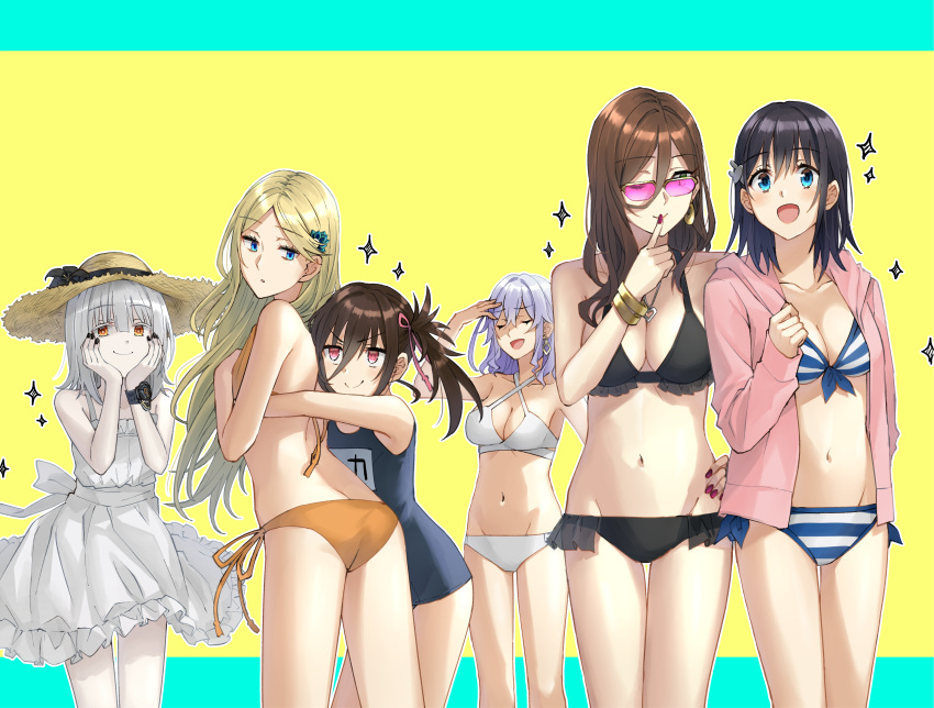 6+girls aqua_eyes ass bikini black_bikini black_hair black_nails blonde_hair bracelet breasts brown_hair closed_eyes commentary_request cool_down_(hero-san_to_moto_onna_kanbu-san) dress earrings flat_ass frilled_bikini frills green_eyes grey_hair groin hands_on_own_face hat hero-san_to_moto_onna_kanbu-san highres honey_trap_(hero-san_to_moto_onna_kanbu-san) honjou_hayate hood hoodie jewelry kyouka_suigetsu large_breasts looking_over_eyewear medium_breasts melt_out multiple_girls navel one-piece_swimsuit open_mouth orange_bikini orange_eyes pale_skin pink_eyes purple_hair red_nails school_swimsuit side-tie_bikini_bottom smile somechime_(sometime1209) striped_bikini striped_clothes sun_hat sunglasses swimsuit tinted_eyewear white_dress x_(hero-san_to_moto_onna_kanbu-san)