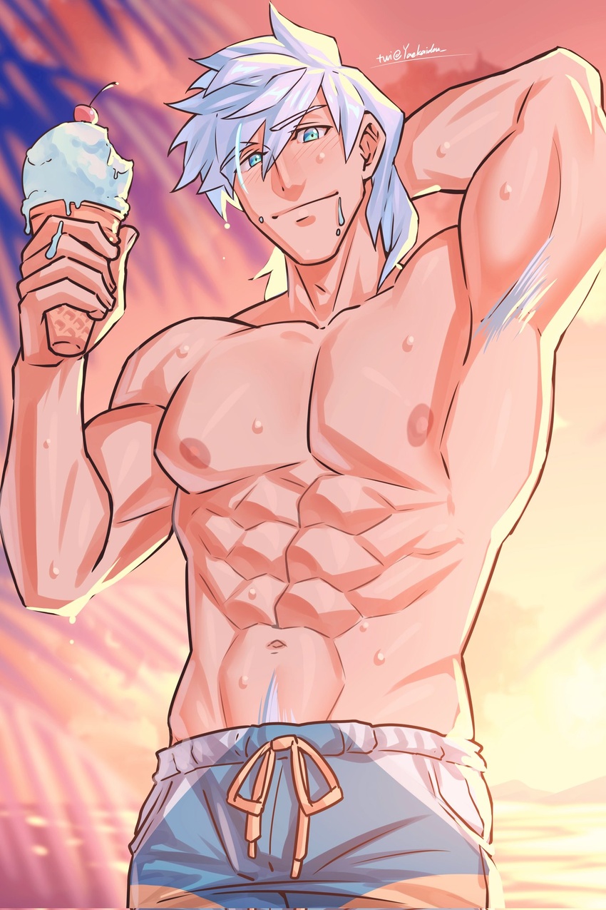 1boy abs alternate_costume armpit_hair armpits arms_behind_head bara bare_pectorals beach blue_eyes blush closed_mouth colored_pubic_hair fate/grand_order fate_(series) food food_on_face hair_between_eyes highres holding holding_food holding_ice_cream ice_cream large_pectorals looking_at_viewer male_focus male_pubic_hair male_swimwear melting muscular muscular_male nipples pectorals percival_(fate) pubic_hair short_hair smile solo swim_trunks twitter_username wet white_hair yaekaidou