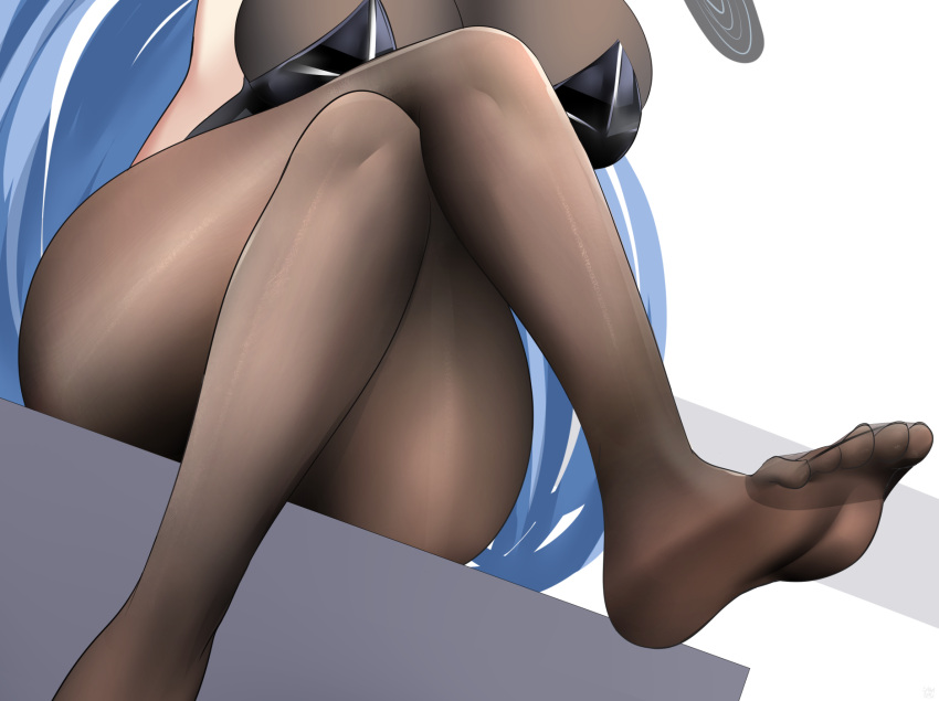 animal_ears azur_lane black_leotard blue_hair bodystocking breasts cleavage crossed_legs fake_animal_ears feet female foot_focus head_out_of_frame highres large_breasts legs leotard long_hair new_jersey_(azur_lane) new_jersey_(exhilarating_steps!)_(azur_lane) no_shoes official_alternate_costume pantyhose playboy_bunny sana!rpg see-through see-through_cleavage simple_background sitting soles solo strapless strapless_leotard toes very_long_hair white_background