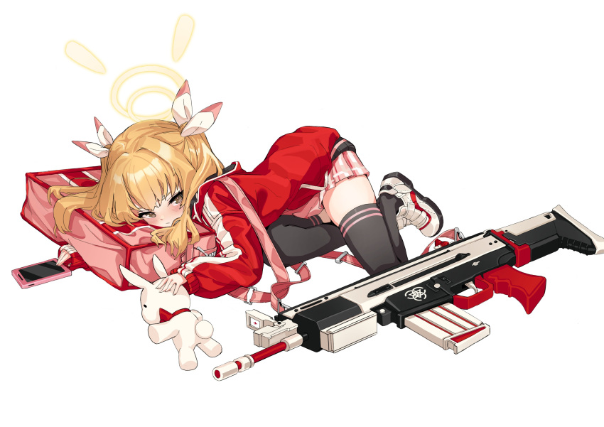 absurdres assault_rifle battle_rifle black_thighhighs blonde_hair blue_archive blush cellphone female fn_scar fn_scar_17 full_body gun hair_ribbon halo highres holding hood hood_down jacket korean_commentary long_hair long_sleeves looking_at_viewer lying on_stomach phone red_jacket ribbon rifle shoes short_shorts shorts skirt smartphone solo stuffed_animal stuffed_rabbit stuffed_toy thighhighs toombo12 twintails weapon white_background white_ribbon yellow_eyes yoshimi_(blue_archive)