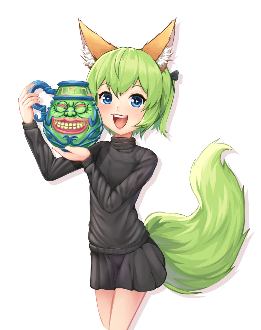 +_+ :d animal_ear_fluff animal_ears arm_up batazungharn benri_(batazungharn) black_shirt black_skirt blue_eyes duel_monster female flat_chest fox_ears fox_girl fox_tail green_hair hand_up highres holding holding_pitcher long_sleeves looking_at_viewer miniskirt open_mouth original pitcher_(container) pot_of_greed shirt short_hair simple_background skirt smile solo standing sweater tail white_background yu-gi-oh!