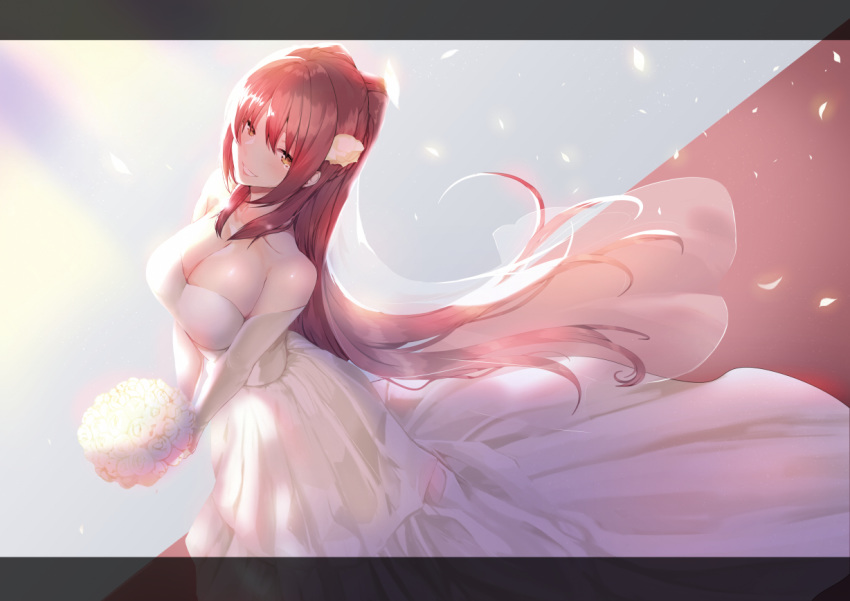 bare_shoulders bouquet breasts bridal_veil bride cleavage commentary_request dress elbow_gloves female flower gloves grin hair_flower hair_ornament kousaka_tamaki large_breasts letterboxed long_hair looking_at_viewer nakajima_kotoko red_hair smile solo teeth to_heart_(series) to_heart_2 veil very_long_hair wedding_dress white_dress white_gloves yellow_eyes