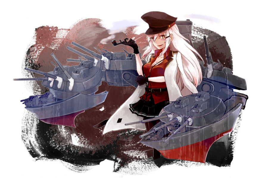 arm_under_breasts belt black_gloves black_pantyhose black_skirt blush breasts female flat_cap gangut_(kancolle) gangut_dva_(kancolle) gloves hair_between_eyes hat highres holding holding_smoking_pipe jacket jacket_on_shoulders kantai_collection kurou_oruha long_hair long_sleeves looking_at_viewer machinery medium_breasts military military_hat military_jacket open_mouth orange_eyes pantyhose peaked_cap red_eyes red_shirt scar scar_on_cheek scar_on_face shirt short_sleeves skirt smile smokestack smoking_pipe solo turret uniform white_background white_hair white_jacket