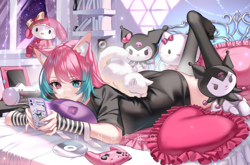 animal animal_ear_fluff animal_ears animal_on_back black_thighhighs blue_eyes blue_hair blush cat_ears cd cellphone character_doll closed_mouth commentary controller copyright_request english_commentary feline female full_body game_controller heart heart-shaped_pillow hello_kitty hello_kitty_(character) highres holding holding_phone indie_virtual_youtuber kuromi looking_at_phone lying multicolored_hair no_shoes on_bed on_stomach onegai_my_melody phone pillow pink_eyes pink_hair rafilia_(vtuber) ringeko-chan sanrio smartphone solo stuffed_animal stuffed_toy the_pose thighhighs two-tone_hair virtual_youtuber white_cat