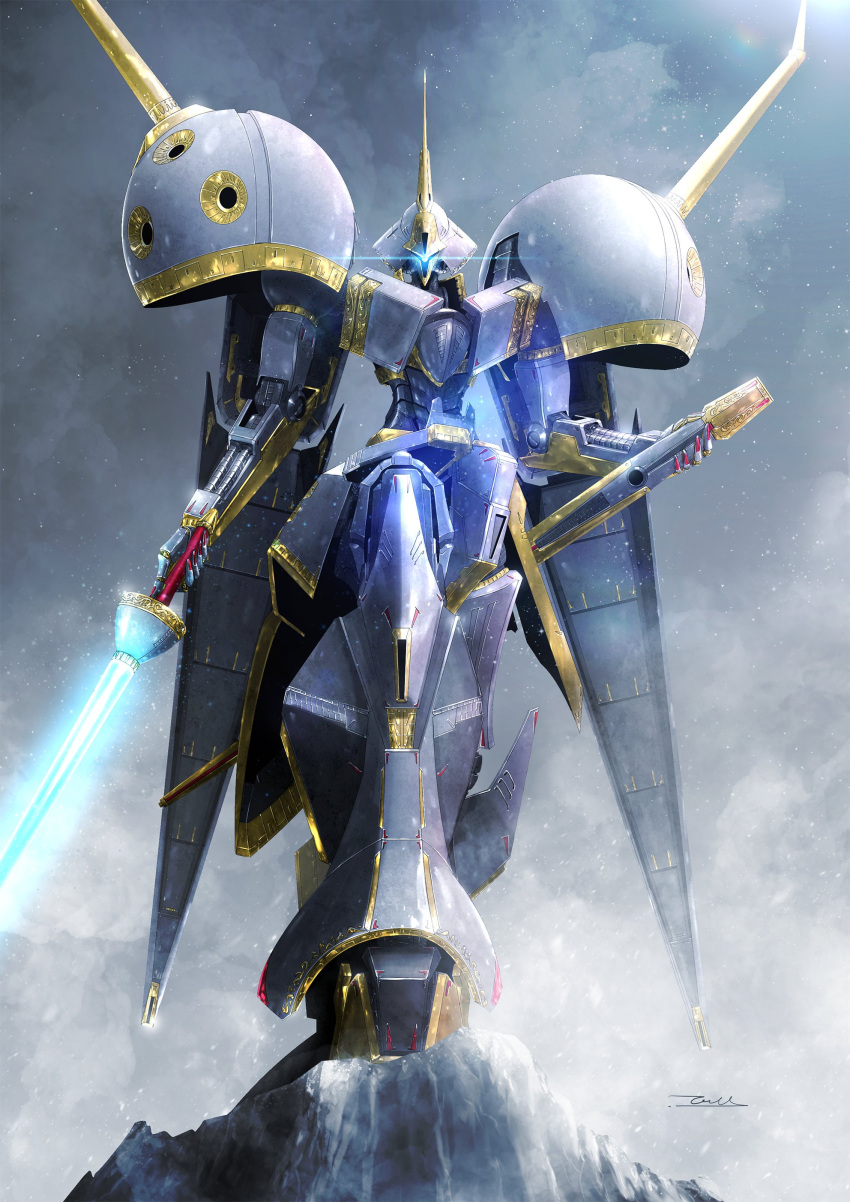 absurdres artist_name beam_saber blue_eyes commentary_request dual_wielding glowing glowing_eye gundam gundam_zz highres holding holding_sword holding_weapon lens_flare mecha mecha_focus mobile_suit no_humans one-eyed r-jarja realistic robot science_fiction signature snow solo standing sword taka-f weapon