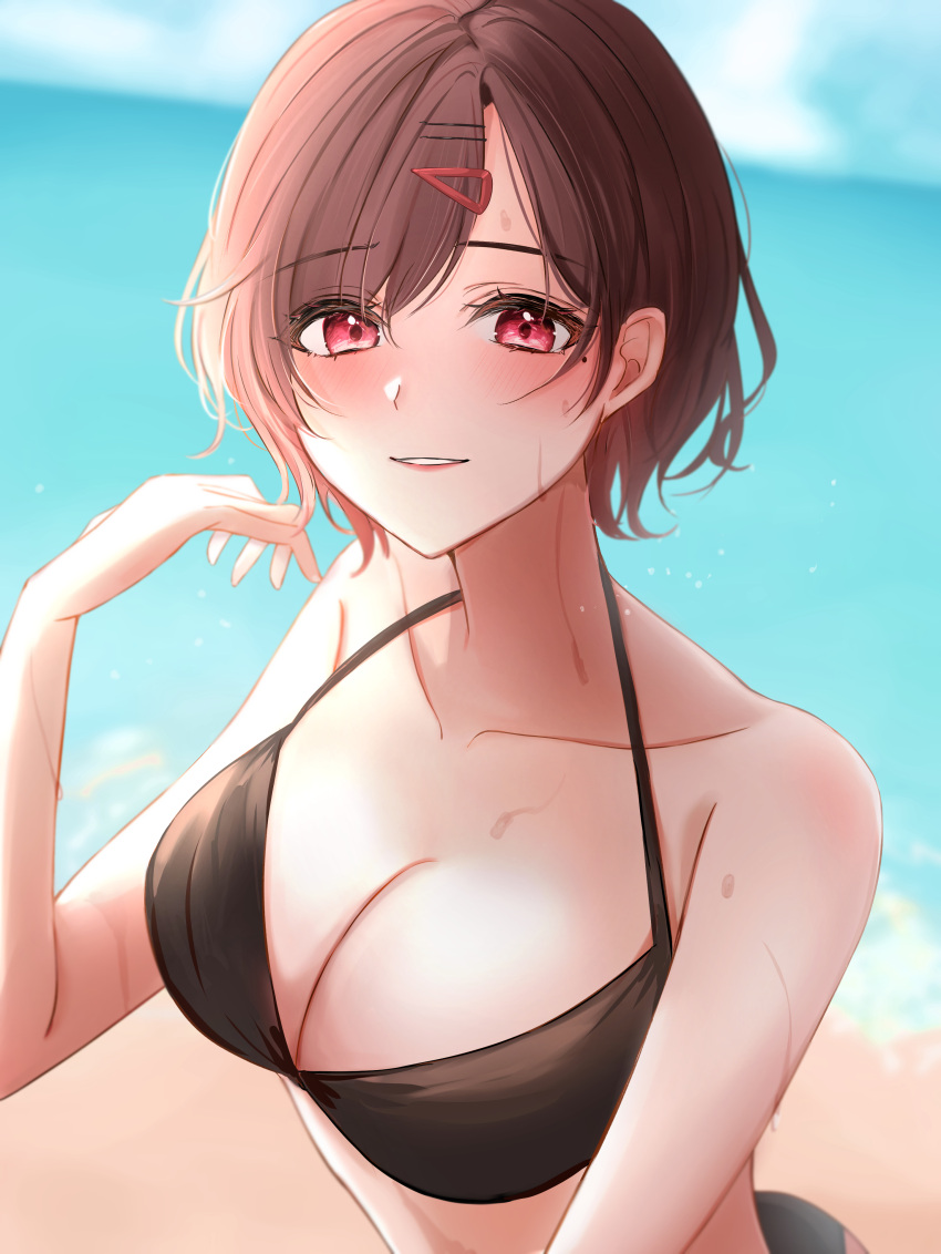 absurdres amyu_(amm_asl_pa) bad_id bad_pixiv_id beach bikini black_bikini blue_sky blurry blurry_background blush breasts brown_hair cleavage cloud cloudy_sky collarbone commentary day female hair_between_eyes hair_ornament hairclip halterneck highres higuchi_madoka idolmaster idolmaster_shiny_colors large_breasts lips looking_at_viewer mole mole_under_eye ocean outdoors parted_bangs parted_lips red_eyes short_hair sky smile solo sweat swimsuit upper_body