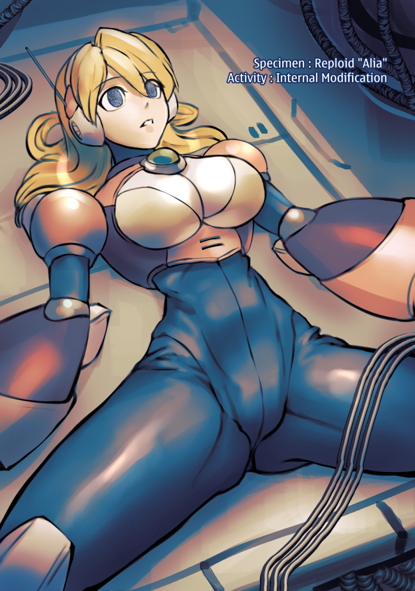 alia_(mega_man) android blonde_hair blue_eyes breasts cable chest_jewel commentary empty_eyes english_commentary english_text female highres large_breasts long_hair lying mega_man_(series) mega_man_x_(series) minster_(dooke) on_back parted_lips radio_antenna solo spread_legs static static_eyes