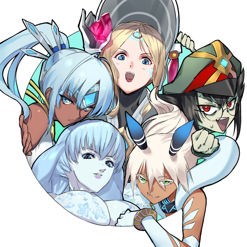 5girls agate_(xenoblade) blonde_hair blue_eyes blue_hair breasts dahlia_(xenoblade) dark-skinned_female dark_skin green_eyes hat highres large_breasts multiple_girls negresco newt_(xenoblade) perun_(xenoblade) red_eyes simple_background white_background xenoblade_chronicles_(series) xenoblade_chronicles_2 zenobia_(xenoblade)