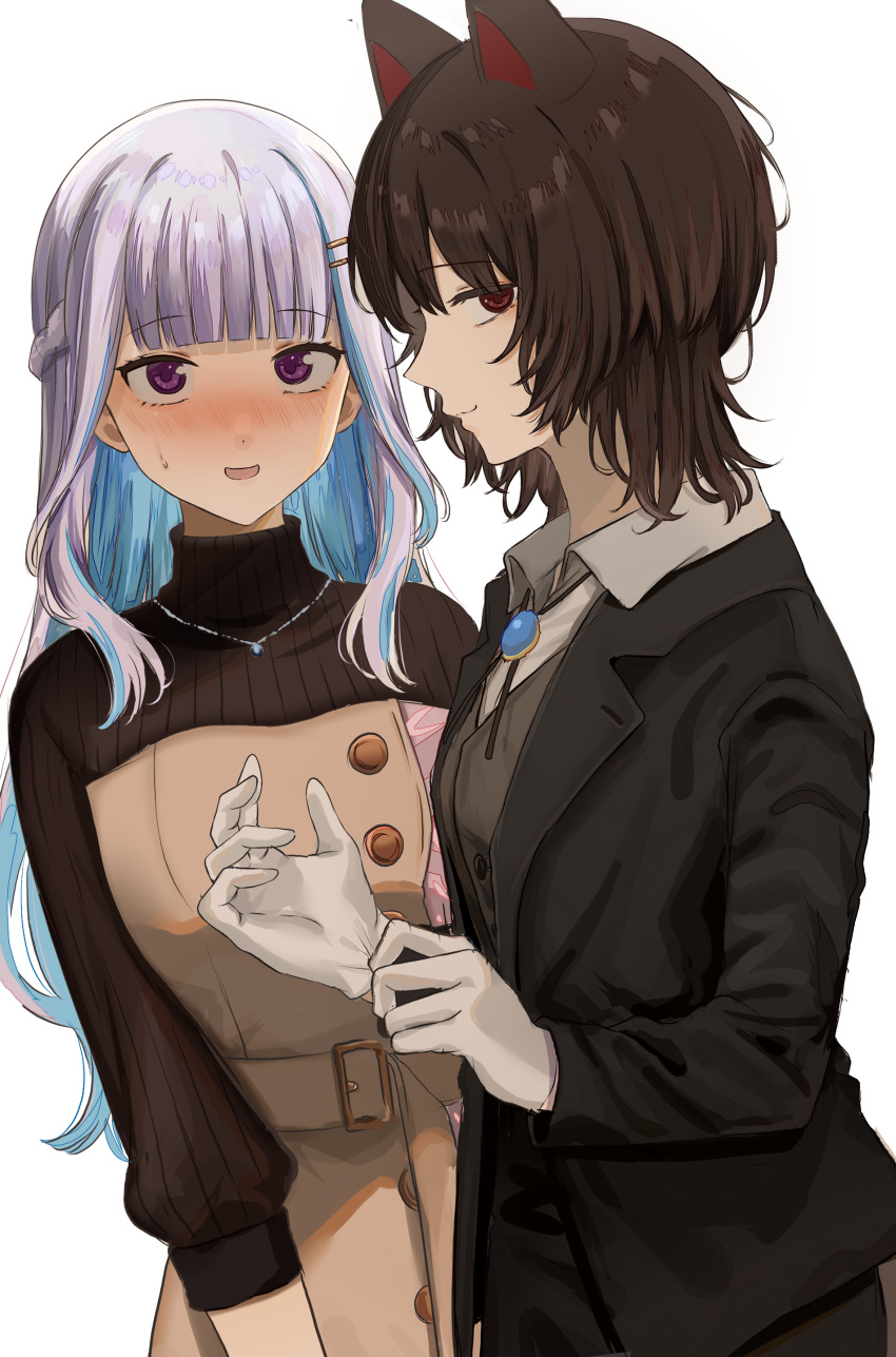 2girls absurdres adjusting_clothes adjusting_gloves animal_ears black_jacket blue_hair blunt_bangs blush brooch brown_dress brown_sweater butler collared_shirt colored_inner_hair commentary dog_ears dog_girl dress female_butler gloves grey_vest hair_ornament hairclip highres ibuki_(ibuki0118) inui_toko jacket jewelry lize_helesta lize_helesta_(5th_costume) long_hair long_sleeves looking_at_another looking_to_the_side medium_hair multicolored_hair multiple_girls necklace nijisanji open_mouth profile red_eyes shirt simple_background smile sweat sweater symbol-only_commentary two-tone_hair vest virtual_youtuber white_background white_gloves white_hair white_shirt