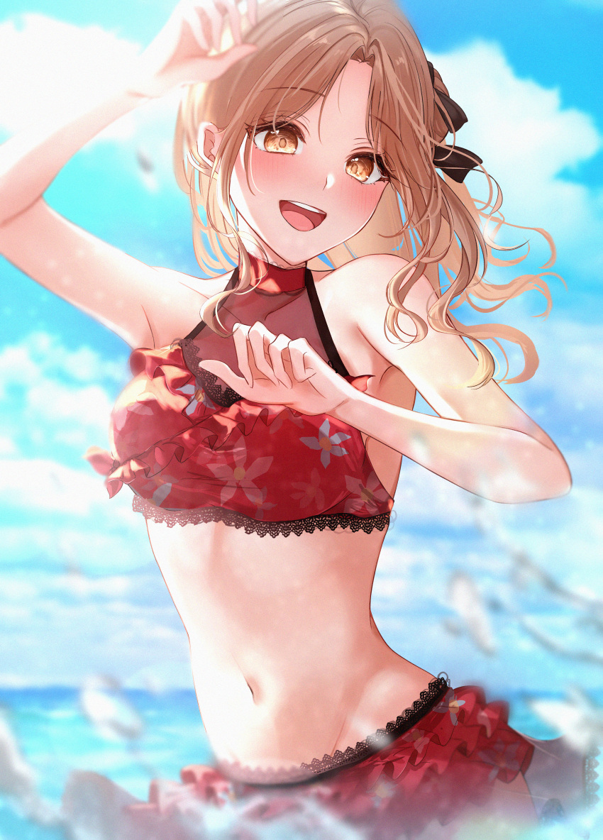 :d absurdres amyu_(amm_asl_pa) arm_up asymmetrical_hair bad_id bad_pixiv_id bikini black_ribbon blue_sky blurry blurry_foreground blush breasts brown_eyes brown_hair cloud cloudy_sky collarbone commentary cowboy_shot day female frilled_bikini frills groin hair_bun hair_ribbon highres ichikawa_hinana idolmaster idolmaster_shiny_colors lace-trimmed_bikini lace_trim medium_breasts medium_hair navel ocean open_mouth outdoors parted_bangs red_bikini ribbon see-through side_ponytail single_hair_bun sky smile solo splashing stomach swimsuit wading water_drop