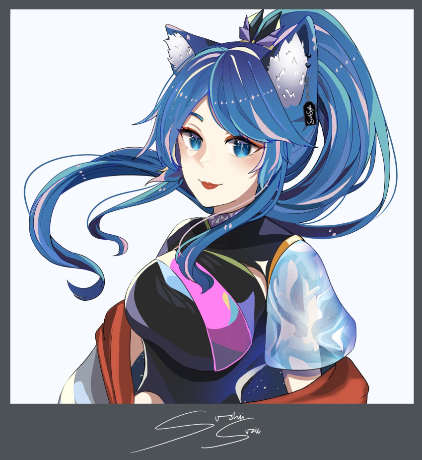 animal_ear_fluff animal_ears blue_eyes blue_hair breasts commission english_commentary eyebrows_hidden_by_hair faux_photograph female floating_hair highres indie_virtual_youtuber looking_at_viewer medium_breasts off_shoulder polaroid rae_laveire_(artist) sidelocks smile solo sushiisuzii virtual_youtuber