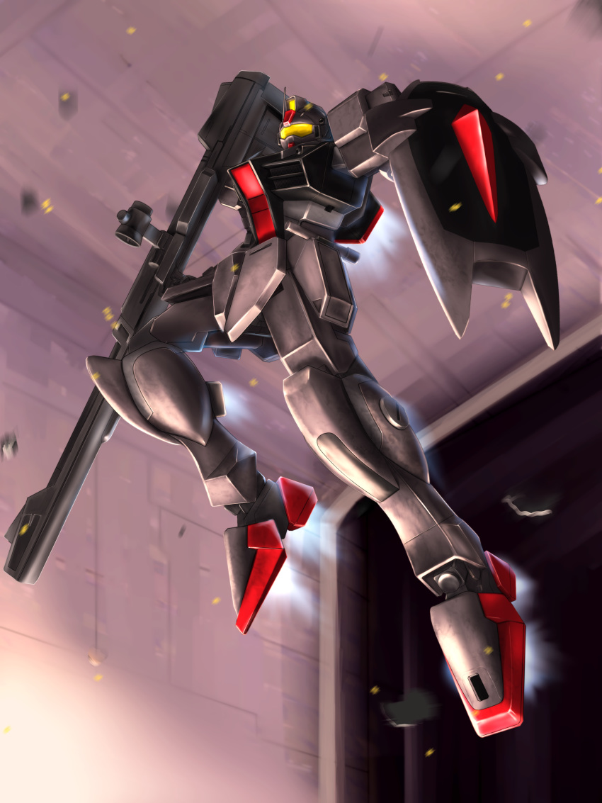 absurdres alternate_color assault_visor beam_saber dagger_l dock flying gun gundam gundam_seed highres hiwa_industry holding holding_gun holding_shield holding_weapon looking_ahead mecha no_humans robot rocket_launcher shield solo space thrusters weapon