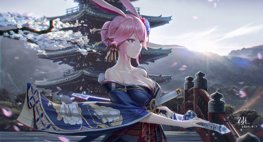 animal_ears building bunny_ears cherry_blossoms flowers honkai_impact japanese_clothes pink_hair purple_eyes short_hair sky sword weapon yae_sakura_(benghuai_xueyuan) zhehewofu_huayou_shemeguanx