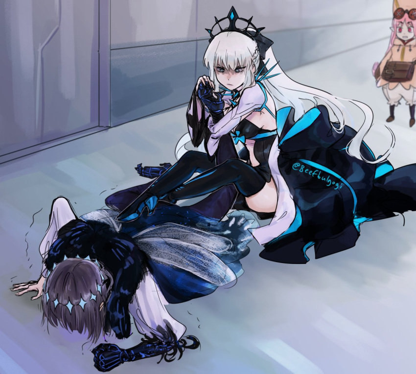 1boy 2girls ankle_lock arthropod_boy bag commentary crown fate/grand_order fate_(series) frown habetrot_(fate) hat insect_wings long_hair morgan_le_fay_(fate) multiple_girls oberon_(fate) oberon_(third_ascension)_(fate) pink_hair satchel shaded_face spoilers tiara tofucakes twitter_username white_hair wings wrestling