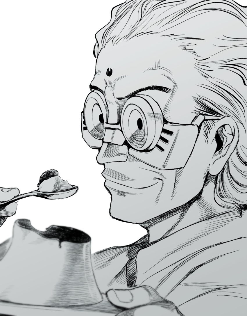 1boy battle_angel_alita collared_shirt desty_nova facial_mark food forehead_mark from_side goggles greyscale hair_behind_ear highres holding holding_plate ishiyumi male_focus monochrome plate portrait pudding science_fiction shirt smile solo white_background