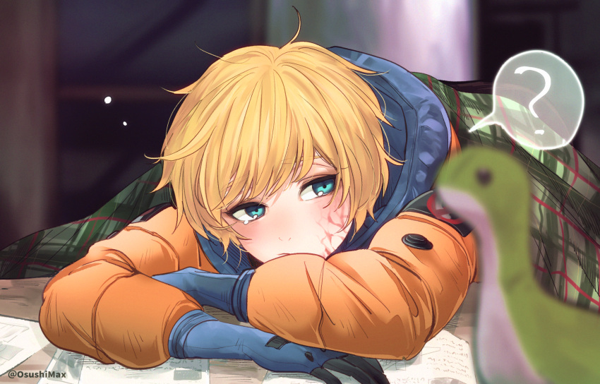 ? animification apex_legends artist_name bad_id bad_pixiv_id blanket blonde_hair blue_eyes blue_gloves blurry blurry_background female gloves highres hood hooded_jacket jacket leaning_forward nessie_(respawn) orange_jacket osushimax plaid_blanket scar scar_on_cheek scar_on_face solo speech_bubble spoken_question_mark stuffed_toy wattson_(apex_legends)