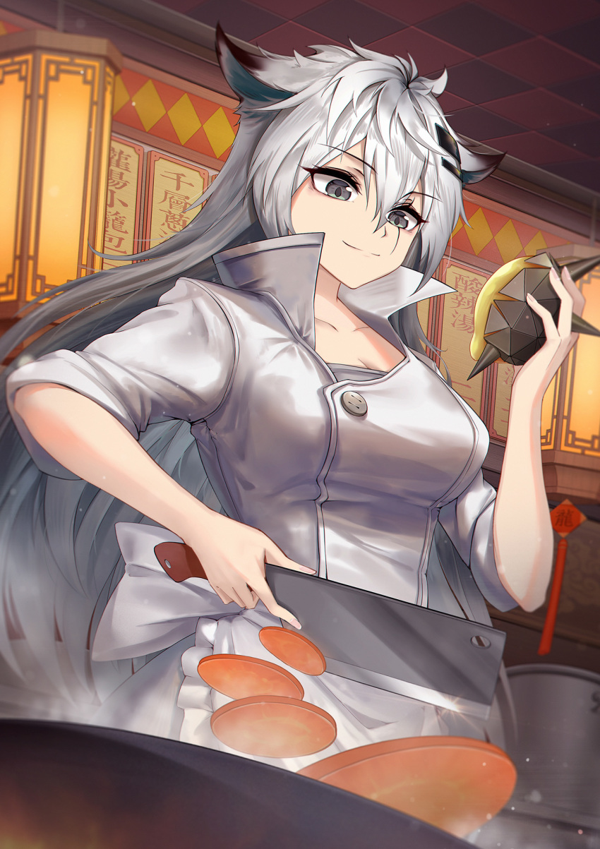 animal_ears apron arknights breasts chinese_commentary cleavage cleaver collarbone commentary_request female frilled_apron frills grey_eyes grey_hair hair_between_eyes hair_ornament hairclip hand_up highres holding holding_knife indoors knife lappland_(arknights) large_breasts long_hair mcg6 originium_slug_(arknights) scar scar_across_eye scar_on_face shirt short_sleeves smile solo upper_body very_long_hair waist_apron white_apron white_shirt wolf_ears