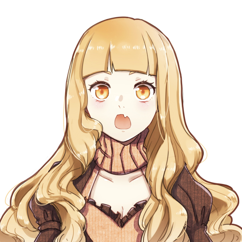 :o absurdres blonde_hair breasts cleavage female hair_between_eyes highres long_hair long_sleeves looking_at_viewer oerba_yun_fang open_mouth portrait red_riding_hood_(sinoalice) rico_tta simple_background sinoalice solo surprised white_background yellow_eyes