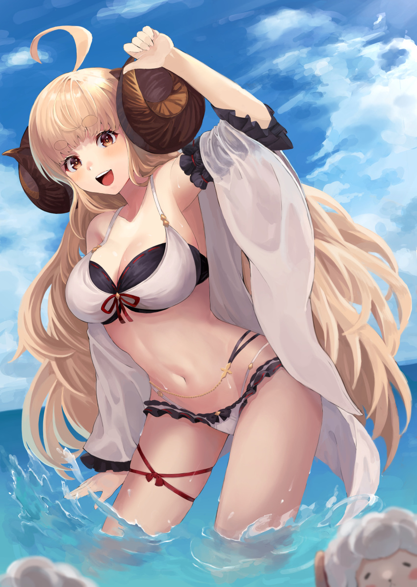 :d absurdres ahoge anila_(granblue_fantasy) anila_(summer)_(granblue_fantasy) bad_id bad_pixiv_id benjamin4679 bikini blonde_hair breasts brown_eyes cloud collarbone commentary_request contrapposto crop_top dot_nose draph female frills granblue_fantasy hand_up highres horns large_breasts legs_apart long_hair long_sleeves looking_at_viewer navel official_alternate_costume open_mouth outdoors sash shadow sheep sheep_horns sky smile solo_focus string_bikini swimsuit tankini teeth thick_eyebrows thigh_strap thighs upper_teeth_only very_long_hair wading white_bikini white_sash