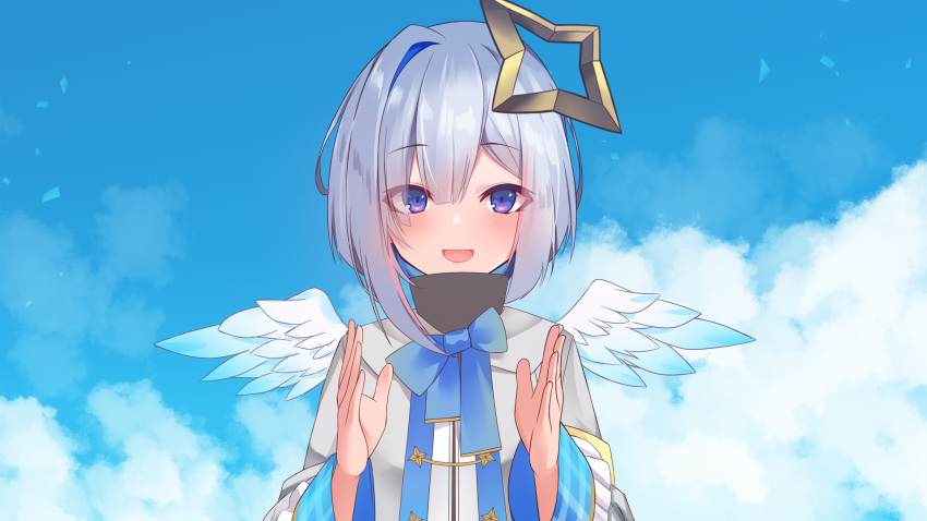 :d amane_kanata amane_kanata_(1st_costume) angel asymmetrical_bangs black_shirt blue_bow blue_hair blue_sky blush bob_cut bow clapping cloud colored_inner_hair commentary_request feathered_wings female frilled_sleeves frills grey_hair grey_jacket hair_between_eyes hair_over_one_eye halo hands_up high_collar highres hololive jacket long_sleeves looking_at_viewer meme mini_wings multicolored_hair neon_genesis_evangelion omedetou!_(meme) open_mouth parody plaid purple_eyes shirt short_hair single_hair_intake sky smile solo star_halo two-tone_hair upper_body virtual_youtuber white_wings wide_sleeves wings yoshiheihe