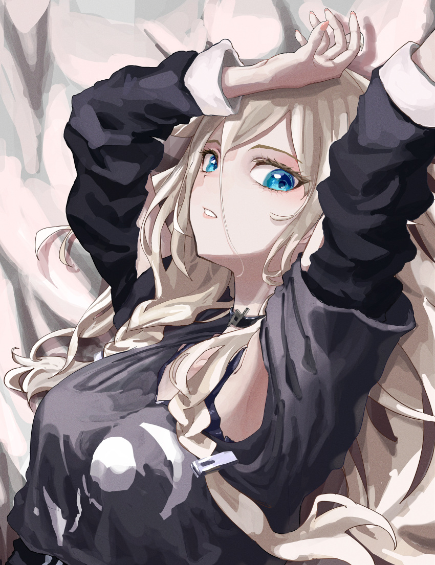 absurdres black_choker black_jacket blonde_hair blue_eyes breasts choker die_suki female hair_between_eyes hand_on_own_head highres ia_(vocaloid) jacket long_hair looking_at_viewer looking_to_the_side lying medium_breasts on_back open_hand parted_lips solo vocaloid