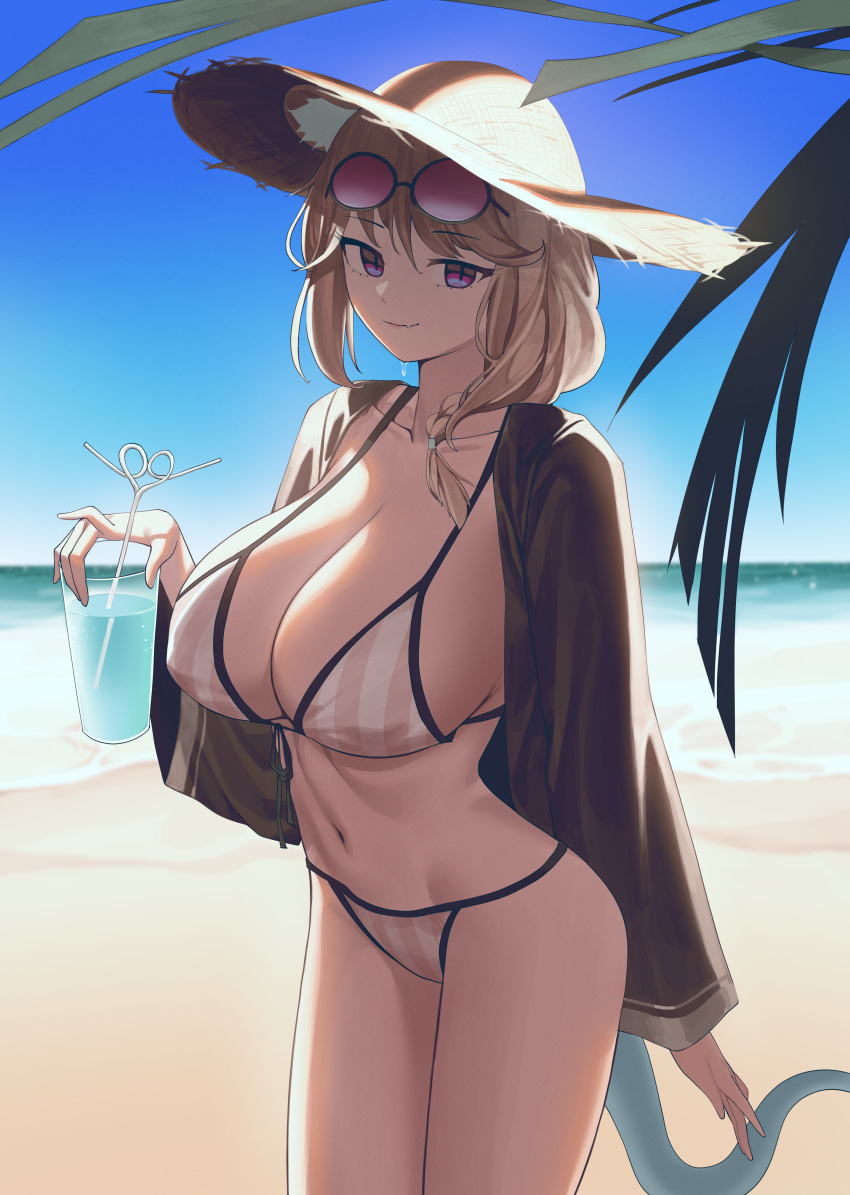 absurdres animal_ears arknights beach bikini blonde_hair braid breasts brown_robe cleavage closed_mouth collarbone cowboy_shot crazy_straw cup day drink drinking_glass drinking_straw dripping eyewear_on_head female grey_bikini hair_ornament hair_over_shoulder hat heart_straw highres holding holding_cup huge_breasts long_sleeves looking_at_viewer medium_hair multicolored_eyes navel ocean oerba_yun_fang official_alternate_costume open_clothes outdoors purple-tinted_eyewear purple_eyes refraction robe round_eyewear sand sideboob sidelocks siguya skin_fang smile solo standing stomach straw_hat striped_bikini striped_clothes sun_hat sunglasses sunlight swimsuit tail tinted_eyewear utage_(arknights) utage_(summer_flowers)_(arknights) vertical-striped_bikini vertical-striped_clothes water wet_face