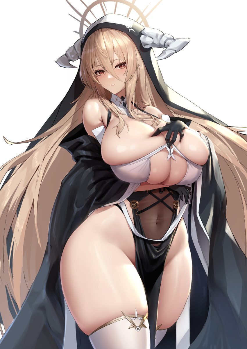 absurdres azur_lane bare_shoulders black_gloves blonde_hair breast_cutout breasts cleavage covered_navel curvy detached_sleeves female gigantic_breasts gloves habit hand_on_own_chest highres horns implacable_(azur_lane) long_hair looking_at_viewer narrow_waist nun orange_eyes shuiruoqing solo thick_thighs thighhighs thighs two-tone_dress very_long_hair white_thighhighs wide_hips