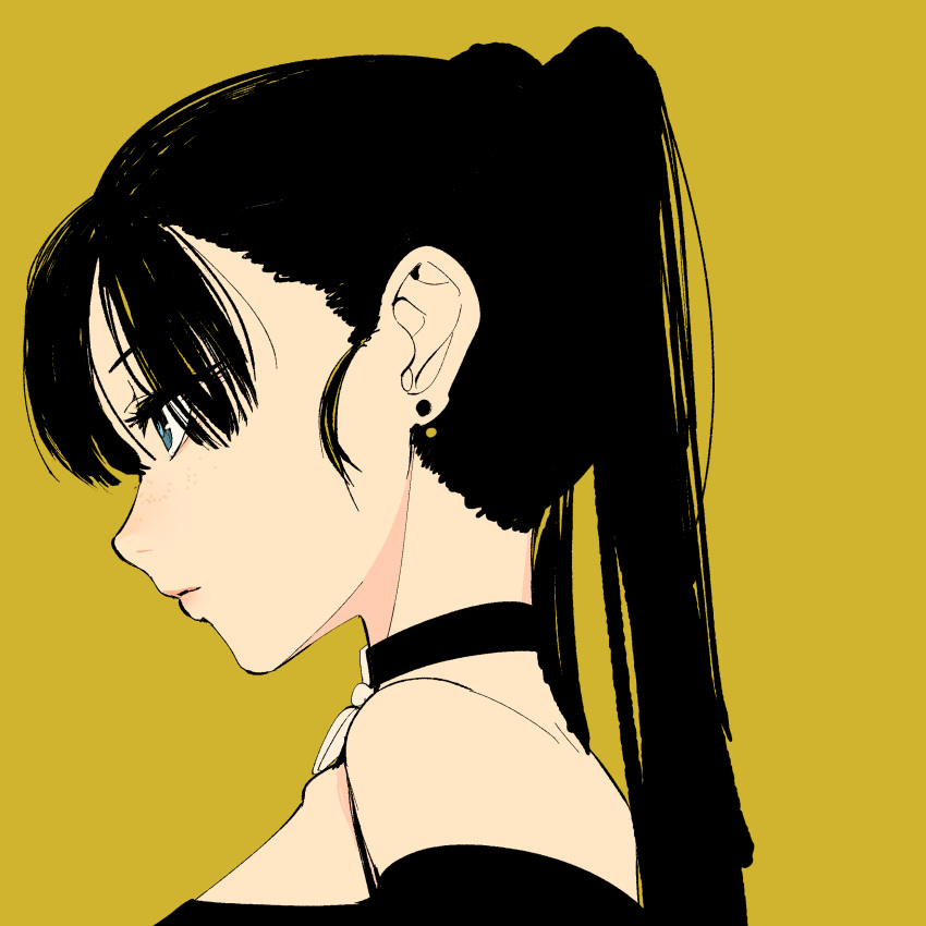 absurdres black_hair black_shirt blue_eyes choker commentary_request earrings female girl_crush highres jewelry jin_rou long_hair off-shoulder_shirt off_shoulder portrait profile satou_erina shirt simple_background solo twintails yellow_background