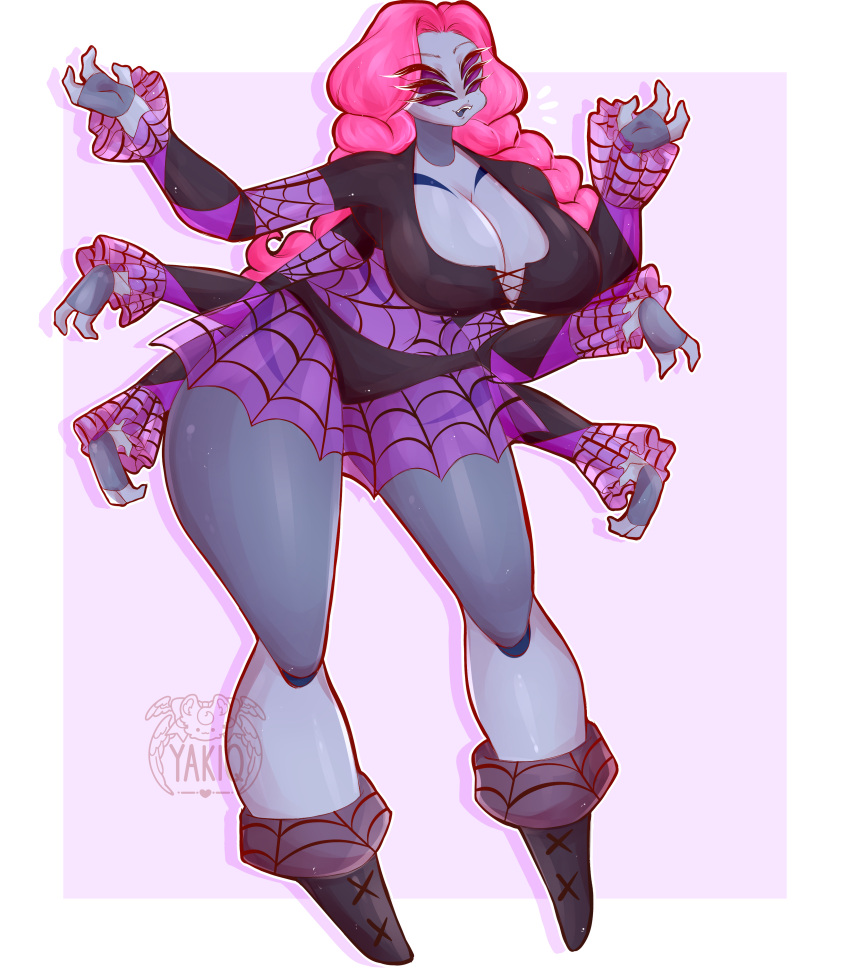 6_arms 6_eyes absurd_res animal_humanoid arachnid arachnid_humanoid arthropod arthropod_humanoid arthropod_webbing big_breasts bottomwear braided_hair braided_pigtails breasts cleavage clothed clothing curvy_figure fangs female frilly frilly_clothing hair hi_res humanoid multi_arm multi_eye multi_limb open_mouth open_smile pink_hair shadow simple_background skirt smile solo spider spider_humanoid taffeta_silkin teeth translucent translucent_bottomwear translucent_clothing translucent_skirt voluptuous watermark white_background yakiq