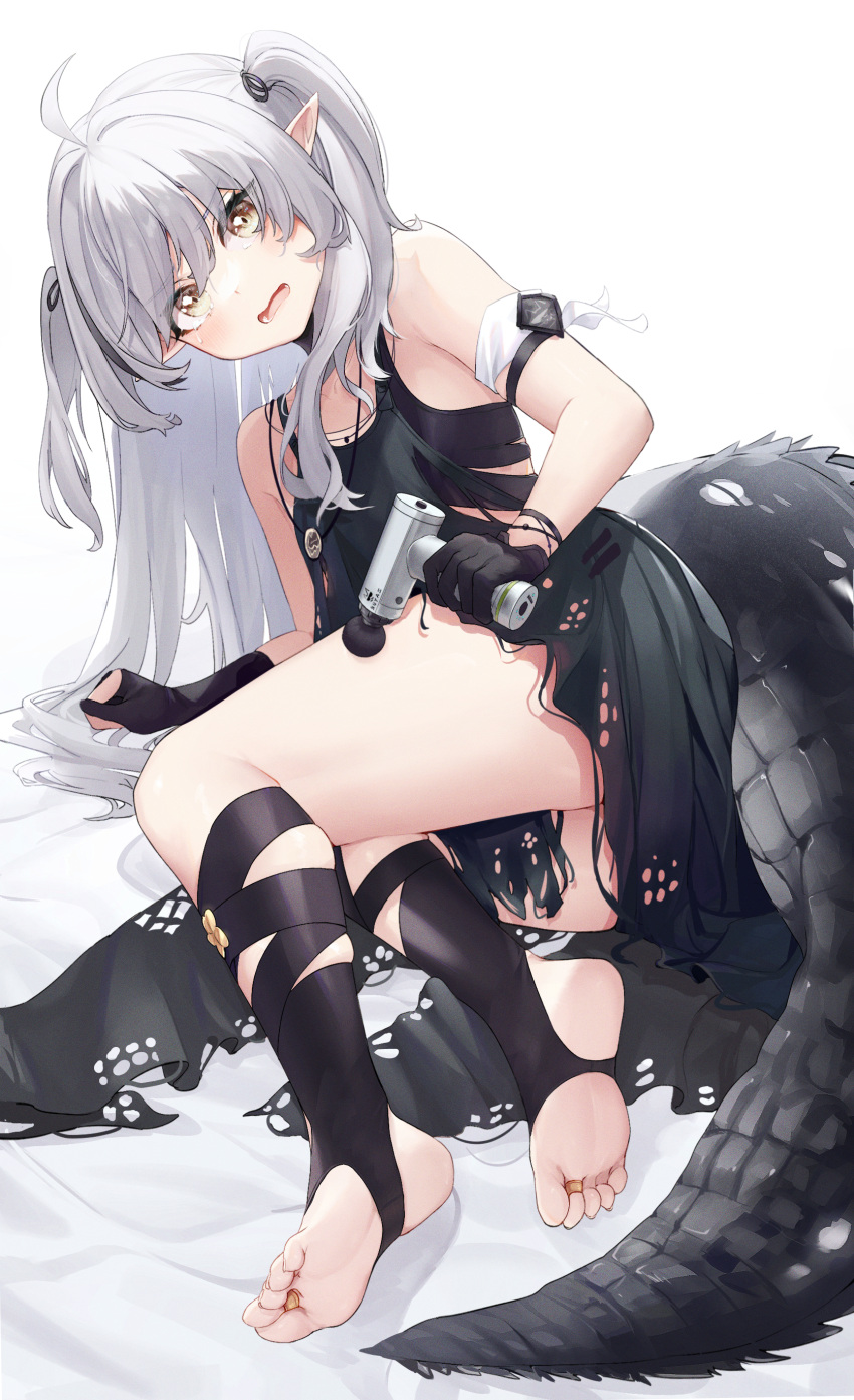 absurdres ahoge arknights arm_strap bare_arms bare_shoulders black_dress black_socks blush chinese_commentary commentary_request crocodilian_tail dress feet female grey_eyes grey_hair highres jewelry legs long_hair looking_at_viewer massager no_shoes official_alternate_costume open_mouth pointy_ears short_dress simple_background socks soles solo tail thighs toe_ring toes tomimi_(arknights) two_side_up very_long_hair white_background zayur