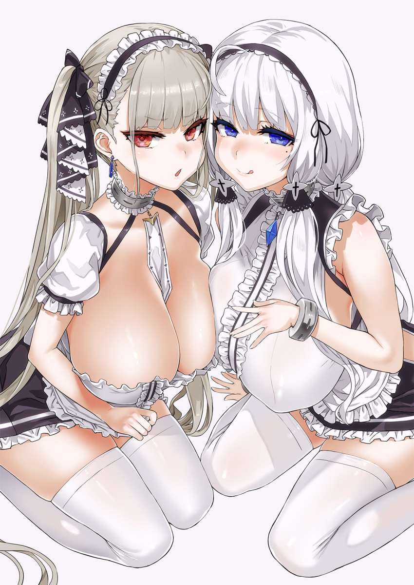 2girls ahoge apron asanagi asymmetrical_docking azur_lane bare_shoulders between_breasts black_hairband blue_eyes blush breast_press breasts choker cleavage closed_mouth collarbone commentary_request cosplay covered_nipples dido_(azur_lane) dido_(azur_lane)_(cosplay) dress earrings formidable_(azur_lane) frilled_apron frilled_choker frills grey_hair hair_ribbon hairband highres huge_breasts illustrious_(azur_lane) jewelry long_hair looking_at_viewer maid_apron mole mole_under_eye multiple_girls open_mouth puffy_short_sleeves puffy_sleeves red_eyes ribbon seiza short_sleeves simple_background sirius_(azur_lane) sirius_(azur_lane)_(cosplay) sitting sleeveless sleeveless_dress smile thighhighs thighs tongue tongue_out tress_ribbon tri_tails twintails two-tone_ribbon very_long_hair waist_apron wariza white_apron white_background white_hair white_thighhighs