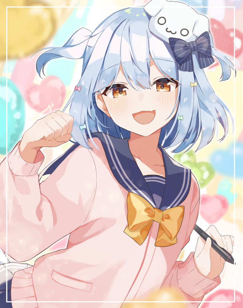 1boy absurdres bad_id bad_pixiv_id blue_hair blush bow bowtie cardigan collarbone dog_hair_ornament hair_between_eyes hair_ornament hairbow highres inuyama_tamaki inuyama_tamaki_(1st_costume) long_sleeves looking_at_viewer male_focus nabeniuitagomi noripro oerba_yun_fang open_mouth otoko_no_ko paw_pose sailor_collar school_uniform serafuku signature skin_fang skirt smile solo striped stylus two_side_up virtual_youtuber