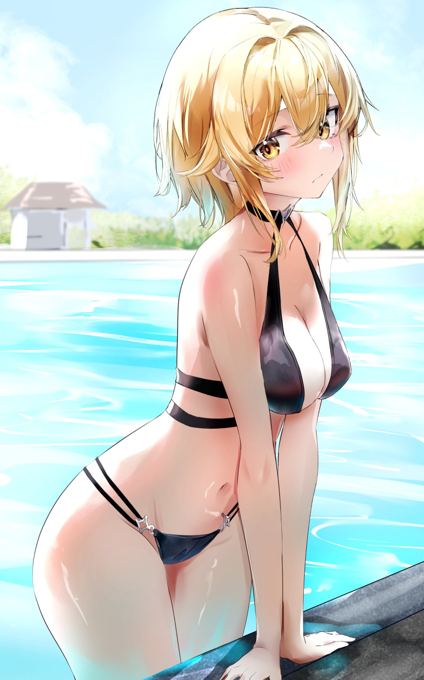 :/ absurdres alternate_costume bare_shoulders bikini blonde_hair blush breasts cleavage closed_mouth day female genshin_impact hair_between_eyes hair_ornament highres looking_at_viewer lumine_(genshin_impact) medium_breasts nanashinayuzu_mochi navel outdoors pool short_hair short_hair_with_long_locks sidelocks solo stomach swimsuit thighs wading water wet yellow_eyes