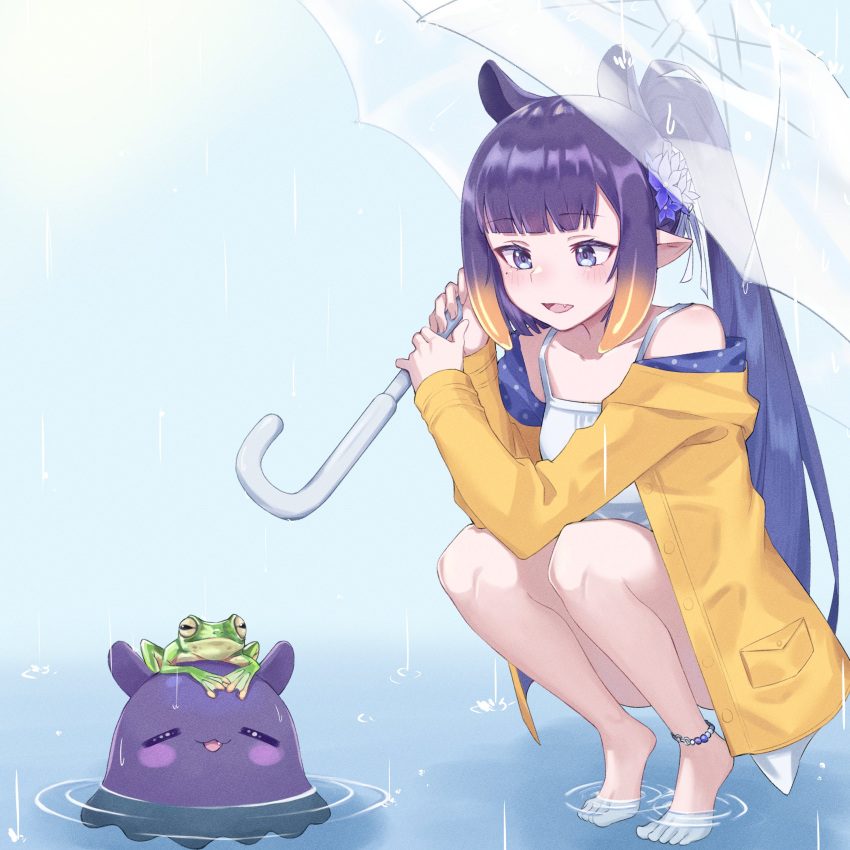 absurdres anklet barefoot blunt_bangs dress female frog gradient_hair highres holding hololive hololive_english jewelry kiwwwwwi long_hair multicolored_hair ninomae_ina'nis official_alternate_hairstyle open_mouth orange_hair pointy_ears ponytail purple_hair rain raincoat sidelocks smile takodachi_(ninomae_ina'nis) tentacle tentacle_hair transparent transparent_umbrella umbrella very_long_hair violet_(ninomae_ina'nis) virtual_youtuber water_drop wet yellow_raincoat