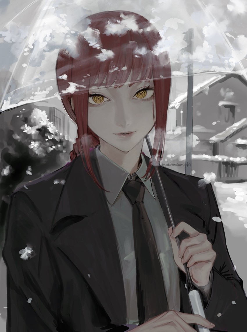 black_necktie chainsaw_man day female highres holding holding_umbrella kamo_(kamonegioisi) lips looking_at_viewer makima_(chainsaw_man) necktie outdoors ringed_eyes snow snowing solo twitter_username umbrella upper_body yellow_eyes