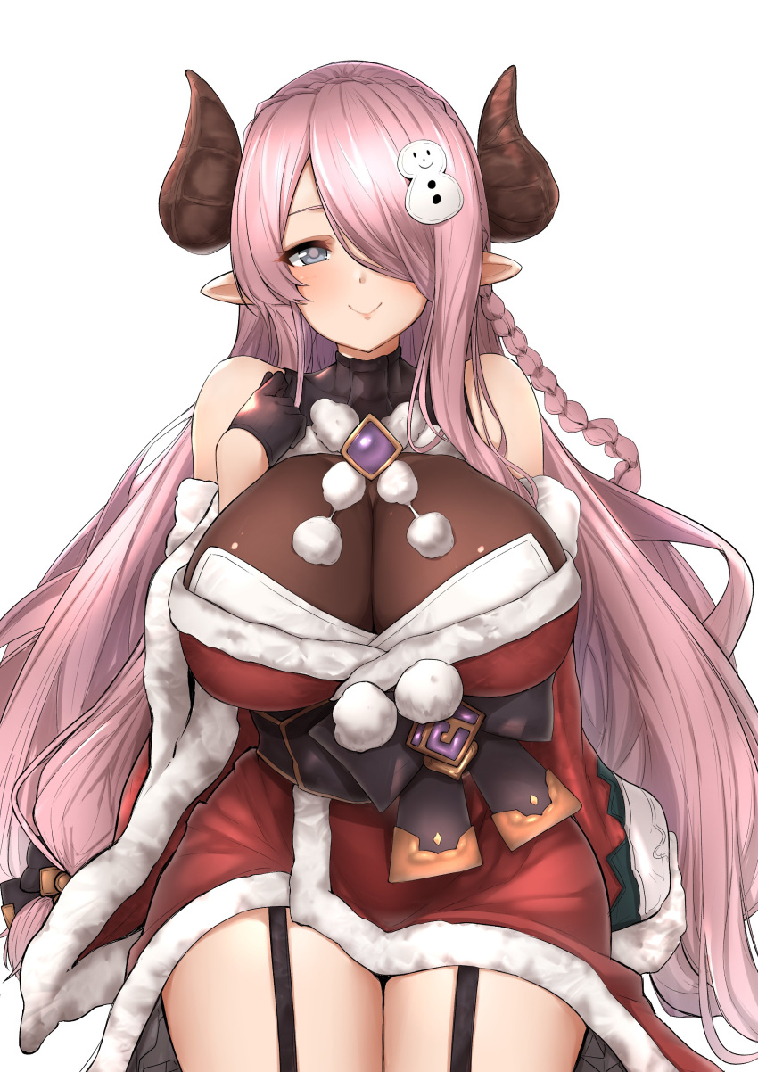 absurdres black_gloves black_ribbon blue_eyes blush braid breasts brown_horns christmas cleavage commentary_request draph female fur_trim garter_straps gloves granblue_fantasy hair_over_one_eye hair_ribbon highres horns large_breasts long_hair looking_at_viewer nagisa_otoha narmaya_(granblue_fantasy) narmaya_(holiday)_(granblue_fantasy) official_alternate_costume pointy_ears purple_hair ribbon see-through smile snowman_hair_ornament solo thighs very_long_hair