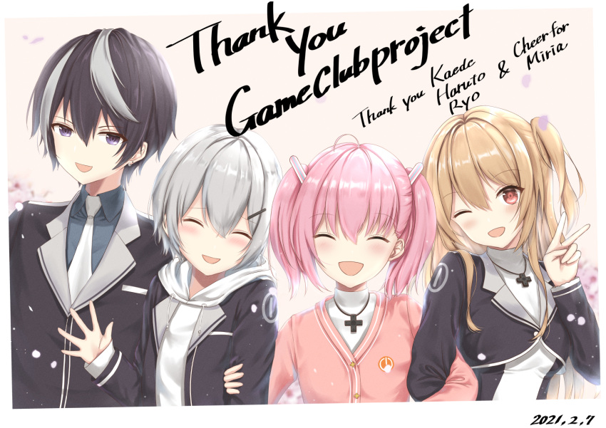 2boys 2girls black_hair blazer brown_hair cardigan closed_eyes cross cross_necklace doumyouji_haruto game_club_project grey_hair highres hood jacket jewelry kazami_ryou long_hair multicolored_hair multiple_boys multiple_girls necklace necktie pink_hair purple_eyes red_eyes sakuragi_miria school_uniform short_hair side_ponytail smile streaked_hair tim86231 twintails virtual_youtuber yumesaki_kaede_(game_club_project)