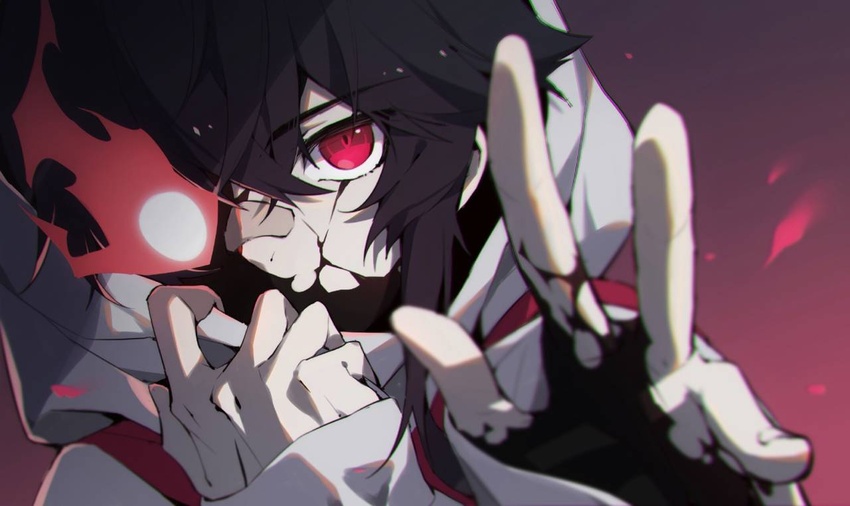 bandaid bandaid_on_face bandaid_on_nose black_hair chinese_commentary commentary female fingernails fire flaming_eye glowing glowing_eye hood hood_up hoodie medium_hair oyo_hitsuji raison_d'etre_(eve) red_eyes shadow sleeves_past_wrists solo upper_body white_hoodie