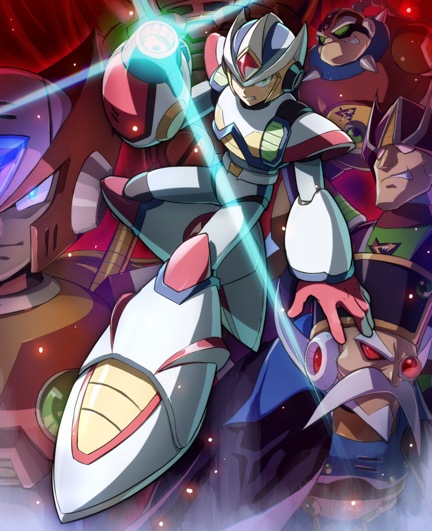 5boys agile_(mega_man) android arm_cannon armor beard black_headwear blonde_hair blue_eyes clenched_teeth closed_mouth commentary_request facial_hair fangs full_body gloves glowing green_eyes grey_hair grin hand_up hat helmet highres hoshi_mikan looking_at_viewer male_focus mega_man_(series) mega_man_x2 mega_man_x_(series) moustache multiple_boys old old_man red_eyes red_gloves red_headwear robot_ears second_armor_x_(mega_man) serges_(mega_man) serious shoulder_armor smile spikes teeth violen_(mega_man) weapon white_headwear x_(mega_man) zero_(mega_man)