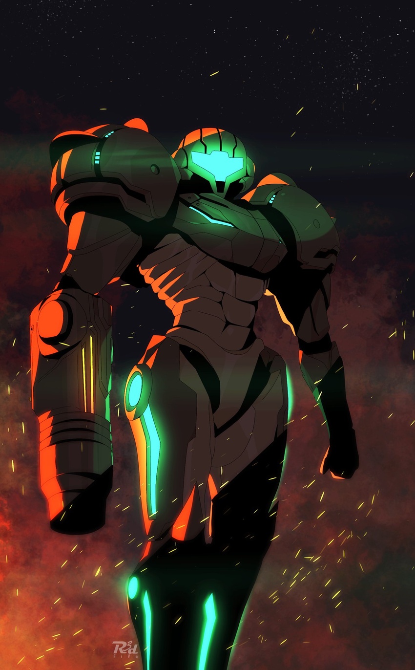 arm_cannon armor artist_logo artist_name assault_visor commentary embers english_commentary feet_out_of_frame female glowing green_visor helmet highres lens_flare metroid metroid_prime_2:_echoes metroid_prime_3:_corruption neon_trim pauldrons power_armor r3dfive samus_aran science_fiction shoulder_armor smoke solo standing varia_suit weapon