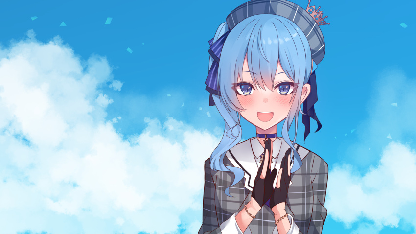 beret black_gloves blue_bow blue_choker blue_eyes blue_hair blue_sky blush bow choker clapping cloud cloudy_sky collared_shirt commentary_request crown female gloves grey_hat grey_jacket hair_between_eyes hairbow hands_up hat highres hololive hoshimachi_suisei hoshimachi_suisei_(1st_costume) jacket long_sleeves looking_at_viewer medium_hair meme mini_crown neon_genesis_evangelion omedetou!_(meme) parody partially_fingerless_gloves plaid plaid_headwear plaid_jacket shirt side_ponytail sky solo striped striped_bow upper_body virtual_youtuber white_shirt yoshiheihe