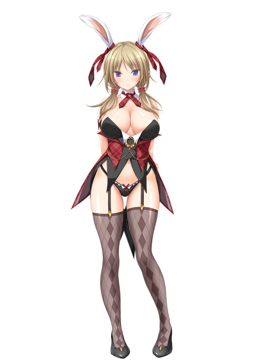 absurdres animal_ears argyle_clothes argyle_legwear arms_behind_back black_footwear black_panties blonde_hair blue_eyes bow bow_panties breasts brown_thighhighs cleavage coattails detached_collar female full_body garter_straps hair_over_shoulder hapymaher highres koku large_breasts long_hair looking_at_viewer navel necktie non-web_source official_art panties photoshop_(medium) plaid_necktie playboy_bunny rabbit_ears red_necktie smile solo standing tachi-e thighhighs transparent_background twintails underwear watch yayoi_b_lutwidge