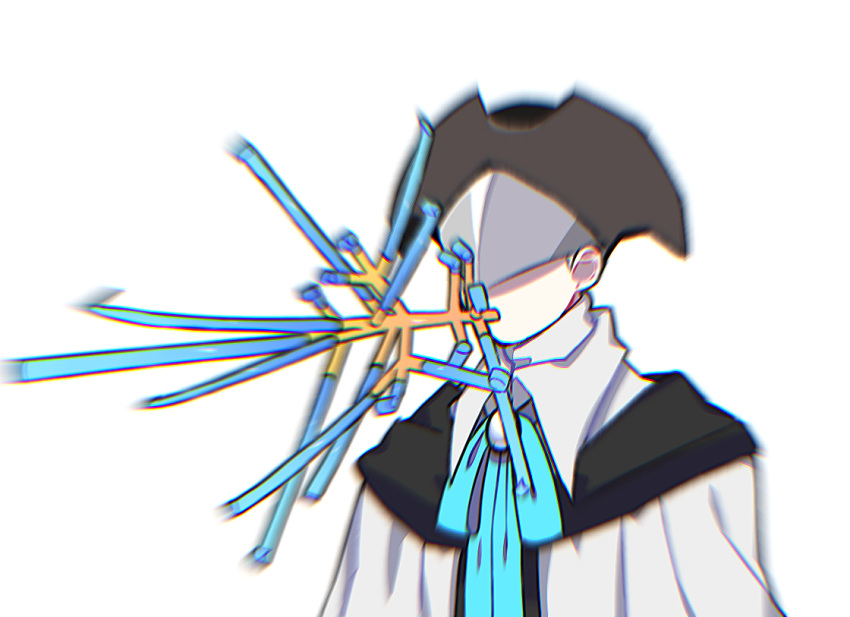 augur_of_ebrietas black_hat bloodborne blue_ribbon blurry capelet chromatic_aberration commentary_request covered_eyes eye_mask female hat kureson_(hayama_baa) motion_blur mouth_hold neck_ribbon party_whistle ribbon simple_background solo upper_body white_background white_capelet yurie_the_last_scholar