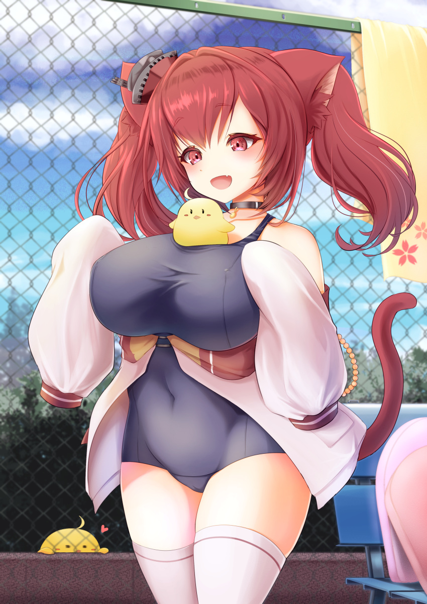 absurdres animal_ears azur_lane bird breasts breasts_squeezed_together cat_ears cat_girl cat_tail chain-link_fence choker cloud cloudy_sky covered_navel female fence highres i-19_(azur_lane) jacket large_breasts long_hair manjuu_(azur_lane) monneko oerba_yun_fang open_clothes open_jacket open_mouth oppai_loli outdoors red_eyes red_hair school_swimsuit sky smile swimsuit tail taut_clothes taut_swimsuit thighhighs twintails underbust