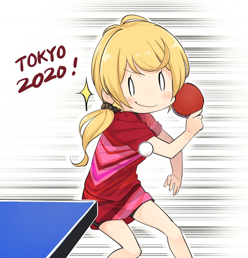 2020_summer_olympics alternate_costume ball bike_shorts bike_shorts_under_skirt black_shorts blonde_hair blush_stickers closed_mouth commentary_request denchuubou ellen_baker feet_out_of_frame female highres holding holding_paddle long_hair new_horizon olympics paddle red_shirt red_skirt scrunchie shirt short_sleeves shorts skirt smile smug solo sparkle table table_tennis table_tennis_ball table_tennis_paddle