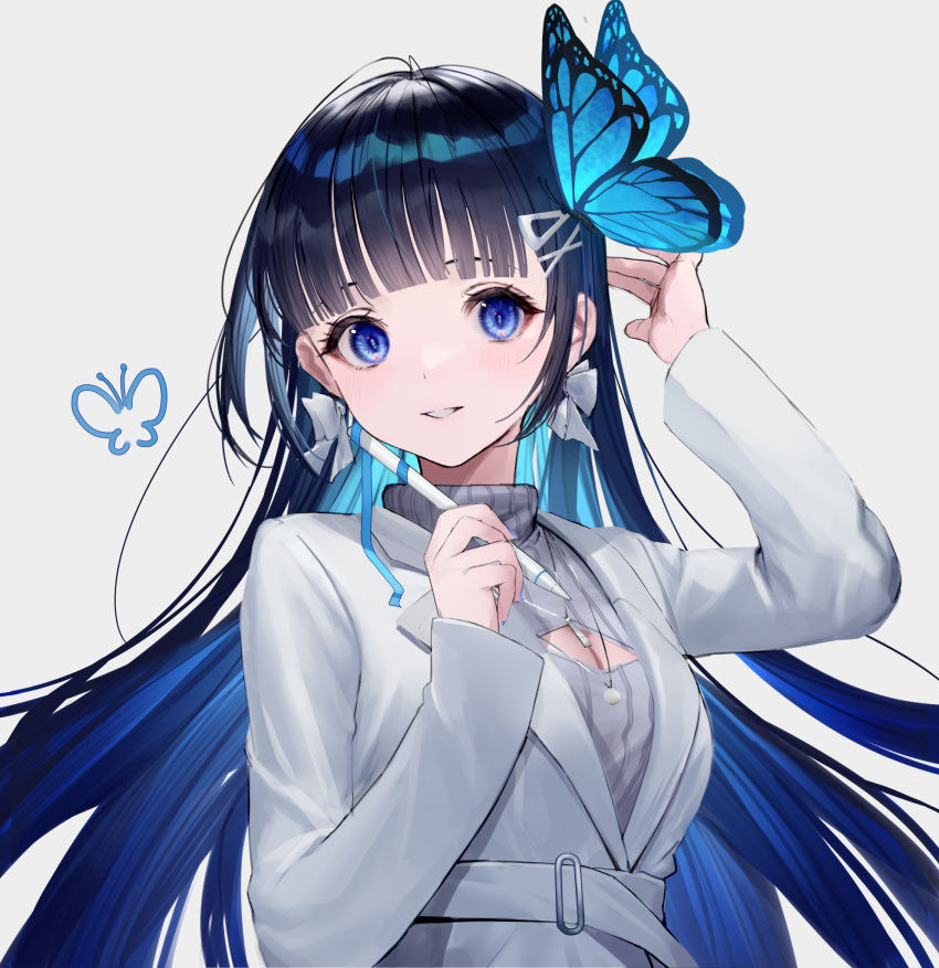 aoi_nabi belt blue_eyes blue_hair blue_ribbon blunt_bangs blush bow bow_earrings breasts butterfly_hair_ornament cleavage_cutout clothing_cutout coat colored_inner_hair earrings eyelashes female floating_hair grey_background grey_sweater hair_ornament hairclip highres holding holding_pencil indie_virtual_youtuber jewelry korean_commentary light_blue_hair long_hair long_sleeves looking_at_viewer medium_breasts multicolored_hair necklace parted_lips pencil ribbed_sweater ribbon simple_background smile solo straight_hair sweater takubon turtleneck turtleneck_sweater two-tone_hair upper_body virtual_youtuber white_belt white_coat