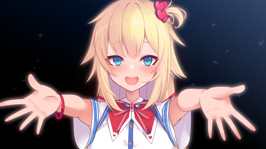 :d akai_haato akai_haato_(1st_costume) blonde_hair blue_eyes blush breasts commentary_request female hair_ornament heart heart_hair_ornament heart_in_eye highres hololive long_hair looking_at_viewer medium_breasts one_side_up open_mouth outstretched_arms red_ribbon ribbon shirt short_sleeves smile solo striped striped_ribbon symbol_in_eye upper_body virtual_youtuber white_shirt wide_sleeves yoshiheihe