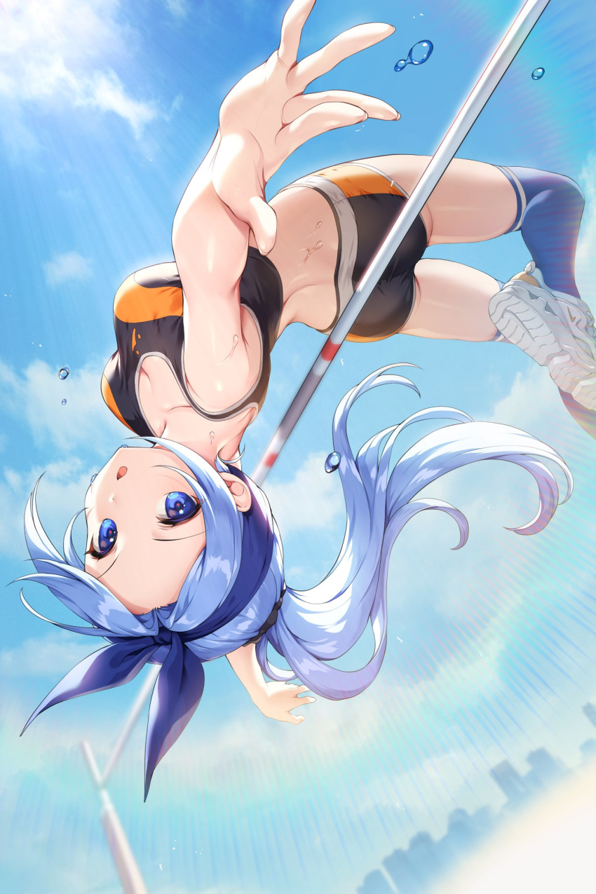 ass back bae_minah_(chaesu) bandana blue_bandana blue_eyes blue_hair blue_thighhighs borrowed_character breasts cleavage commentary_request day female forehead gomashio_ponz high_jump highres jumping long_hair medium_breasts midriff original outdoors over-kneehighs pole_vault shorts solo sports_bra sweat thighhighs two-tone_sports_bra upside-down