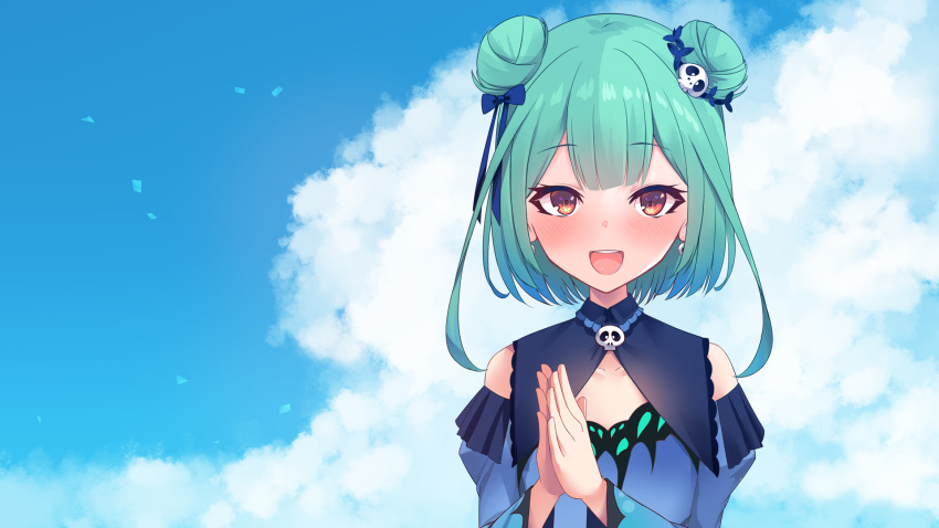 :d animal_print blue_bow blue_dress blue_sky blue_sleeves blush bow butterfly_print clapping cloud cloudy_sky commentary_request detached_sleeves double_bun dress earrings female green_hair hair_bun hair_ornament hairbow hands_up highres hololive jewelry juliet_sleeves long_sleeves looking_at_viewer meme neon_genesis_evangelion omedetou!_(meme) open_mouth own_hands_together parody puffy_sleeves red_eyes short_hair skull_earrings skull_hair_ornament sky sleeveless sleeveless_dress smile solo teeth upper_body upper_teeth_only uruha_rushia uruha_rushia_(1st_costume) virtual_youtuber yoshiheihe