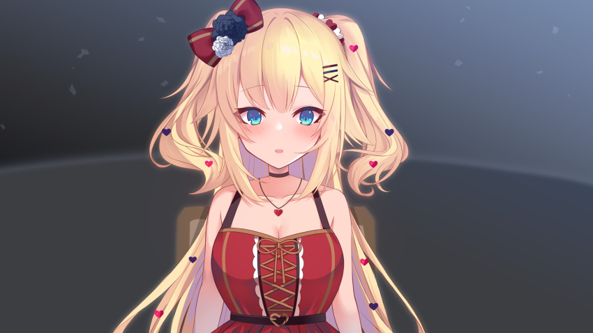 akai_haato akai_haato_(gothic_lolita) black_choker black_flower black_rose blonde_hair blue_eyes blurry blurry_background blush bow breasts chair choker cleavage collarbone commentary_request depth_of_field dress female flower hair_flower hair_ornament hairbow hairclip heart heart_hair_ornament highres hololive long_hair looking_at_viewer medium_breasts neon_genesis_evangelion official_alternate_hairstyle parody parted_lips red_bow red_dress rose sleeveless sleeveless_dress solo teeth two_side_up upper_teeth_only very_long_hair virtual_youtuber white_flower white_rose x_hair_ornament yoshiheihe